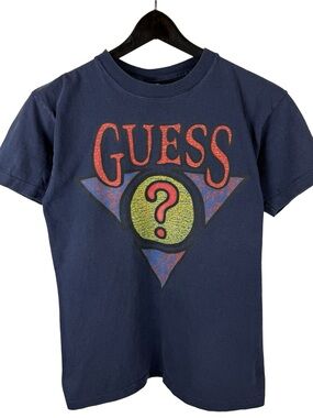 Vintage 90s Guess USA Abstract Art Logo Single Stitch Blue Shirt Size M